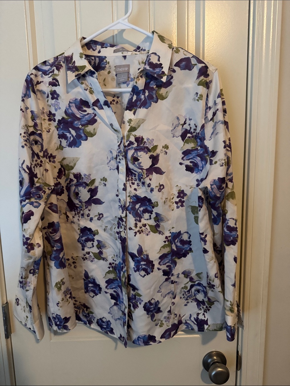Chico's White Button-Down Shirt with Blue & Green Floral Print